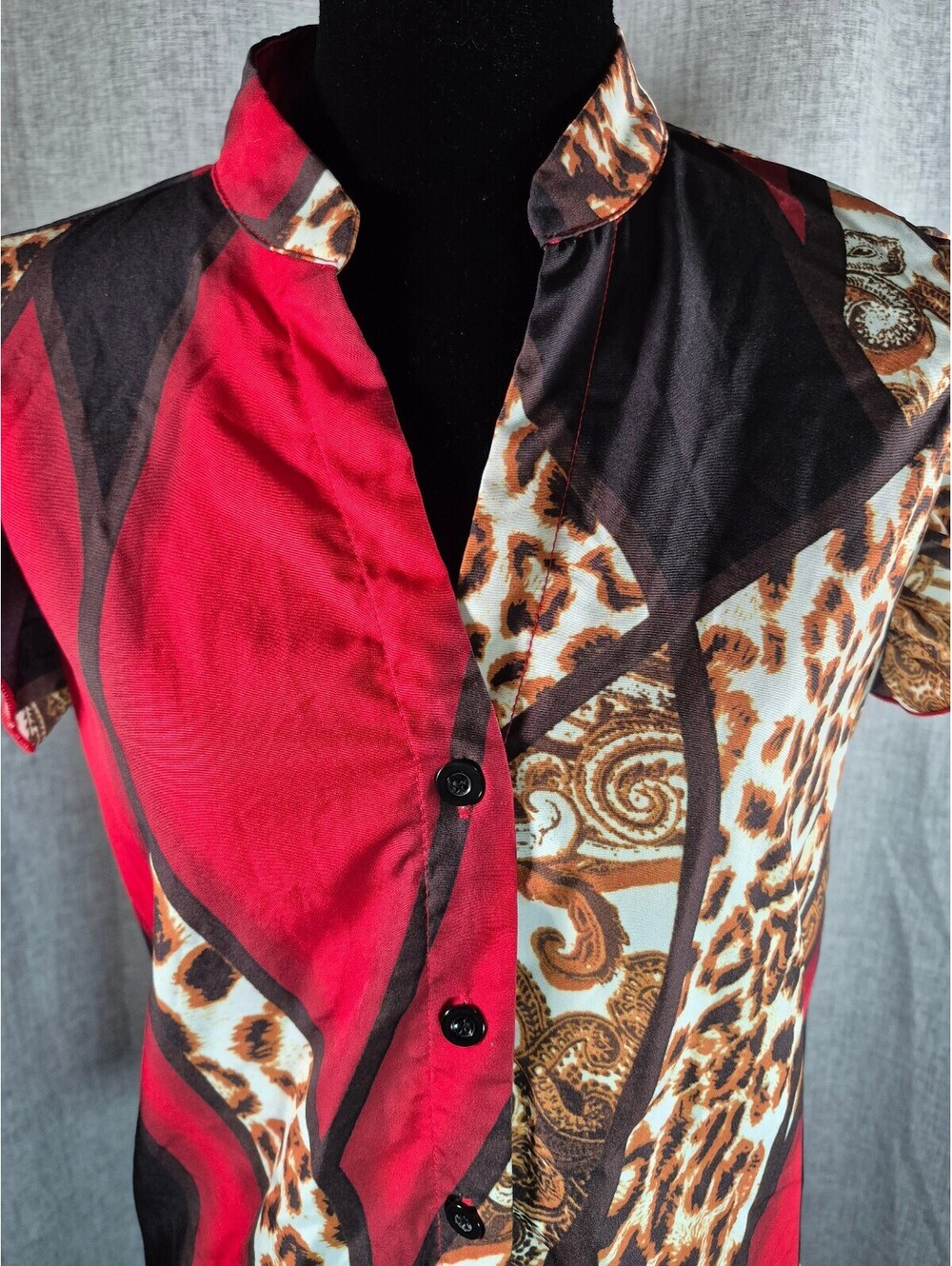 SHEIN Women’s Small Red Black Leopard Paisley Ruffle Sleeve Button Blouse